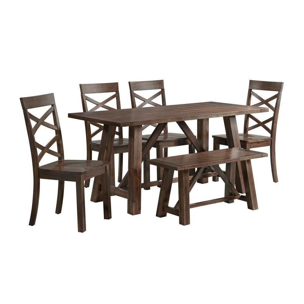 Brown Wood Dining Table with 4 Chairs and a backless bench